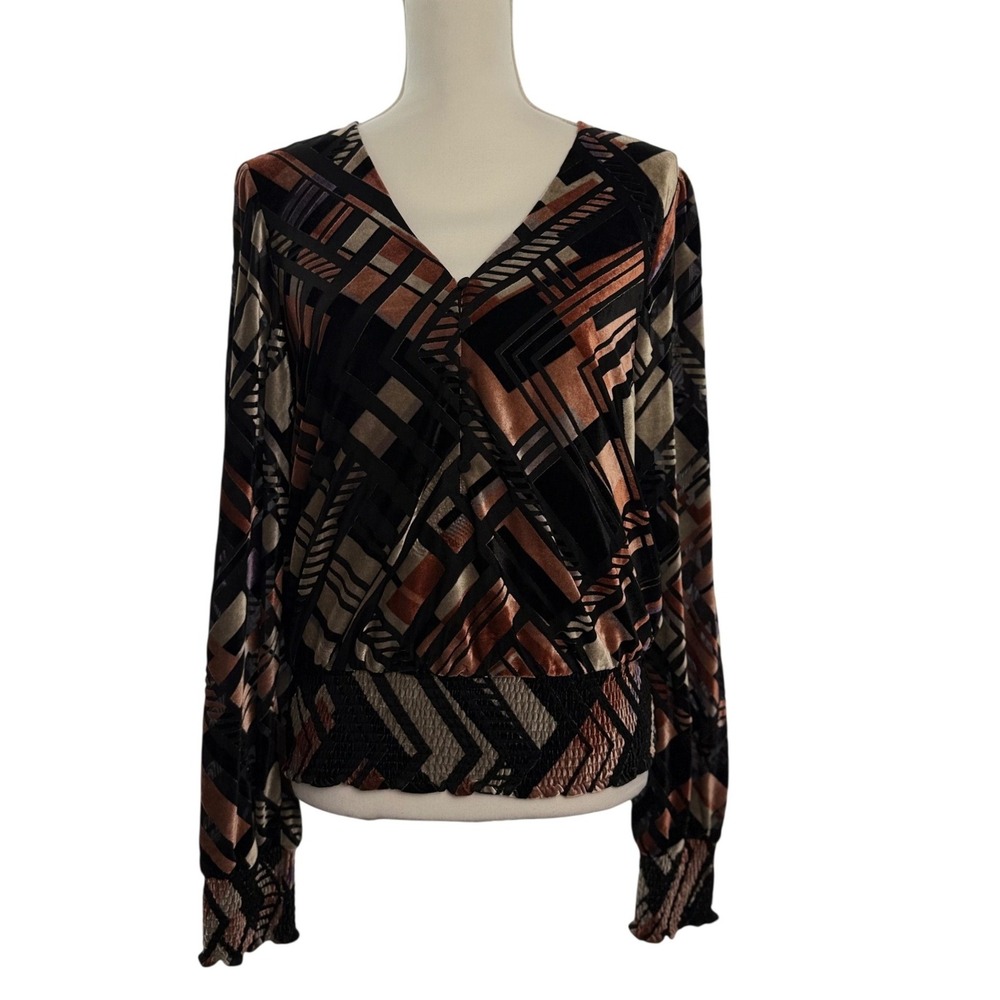 White House Black Market Burnout Velvet Geometric Blouse Copper Black Medium - Picture 2 of 10